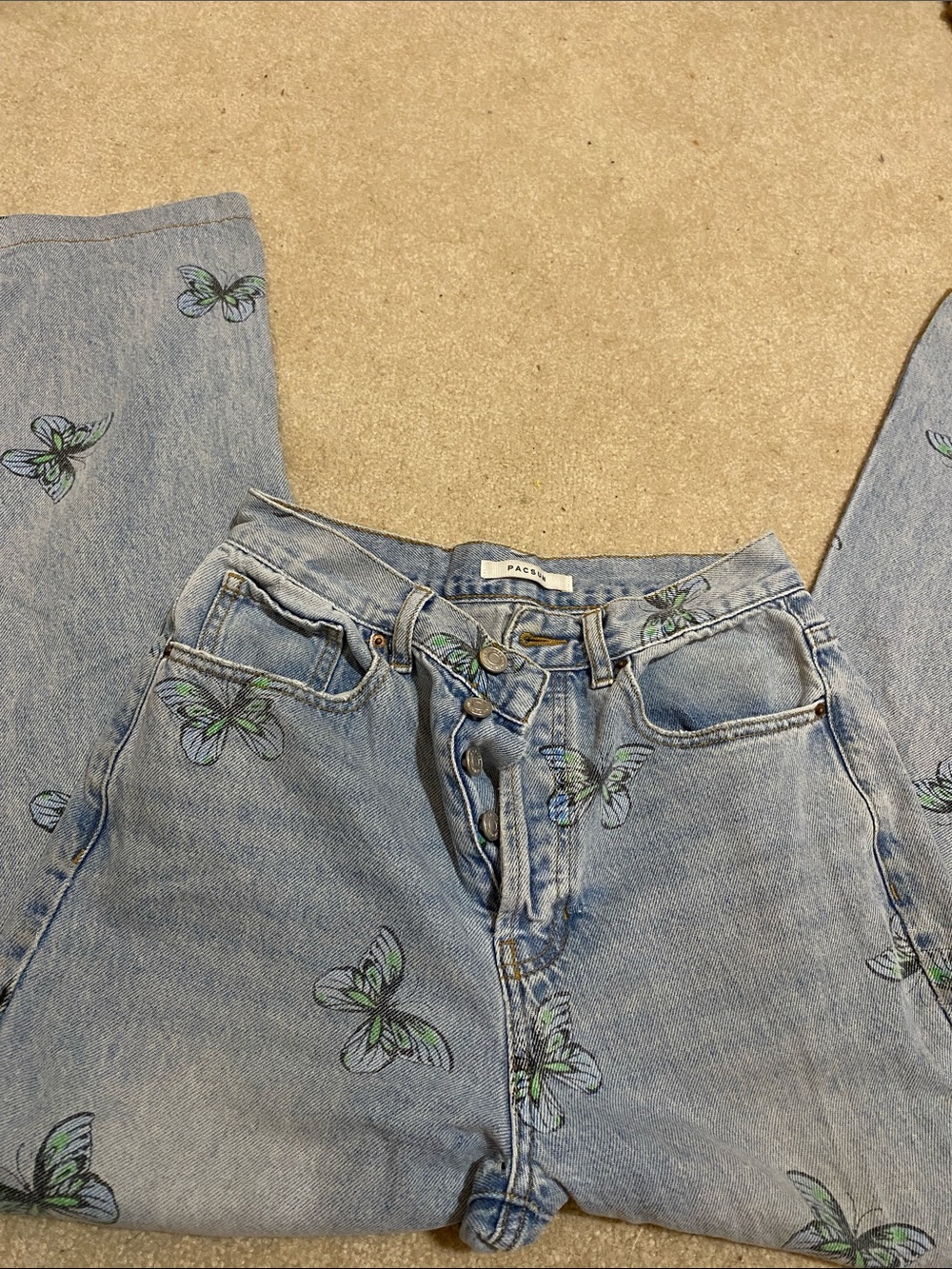 PacSun Light Blue High-Rise Butterfly Print Straight Leg Jeans - Women